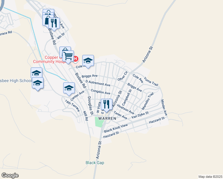 map of restaurants, bars, coffee shops, grocery stores, and more near 407 Powell Street in Bisbee
