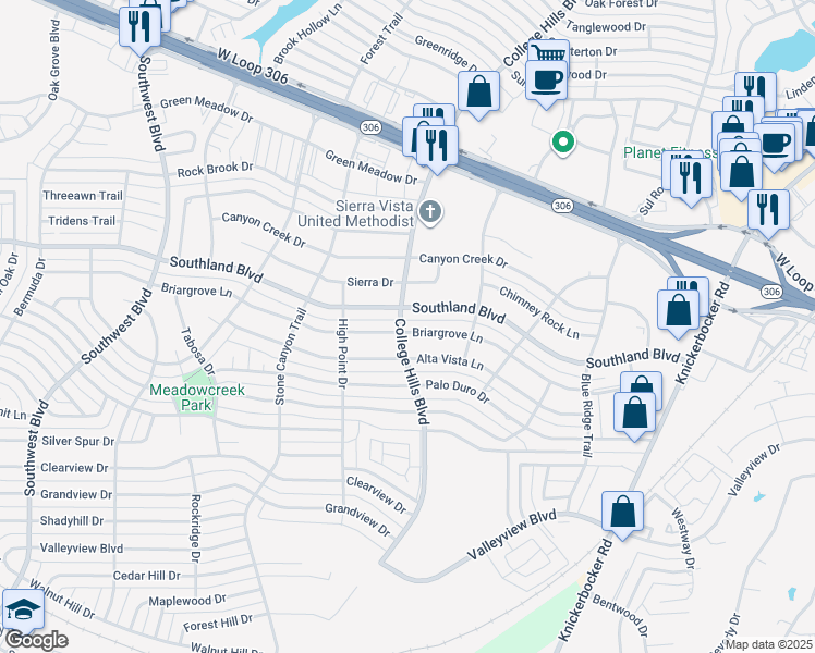 map of restaurants, bars, coffee shops, grocery stores, and more near 2934 Briargrove Lane in San Angelo
