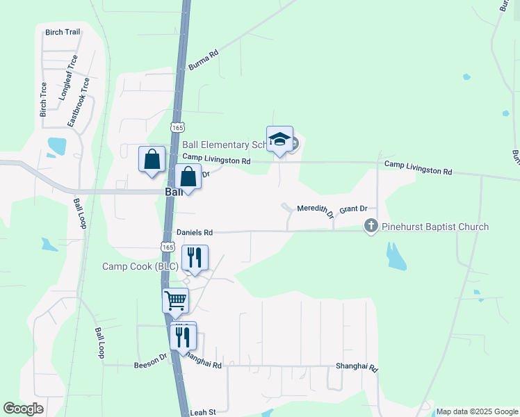 map of restaurants, bars, coffee shops, grocery stores, and more near 207 Daniels Road in Ball