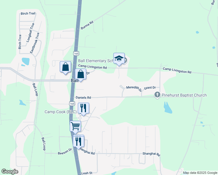 map of restaurants, bars, coffee shops, grocery stores, and more near 207 Daniels Road in Ball