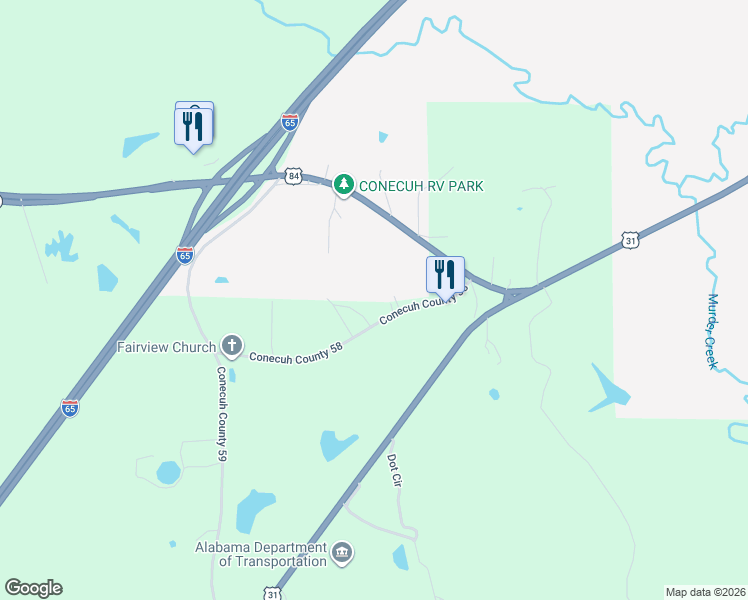 map of restaurants, bars, coffee shops, grocery stores, and more near 659 Conecuh County 58 in Evergreen