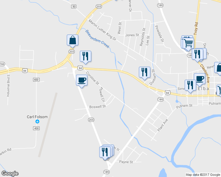 map of restaurants, bars, coffee shops, grocery stores, and more near 1584 Caroline Street in Elba