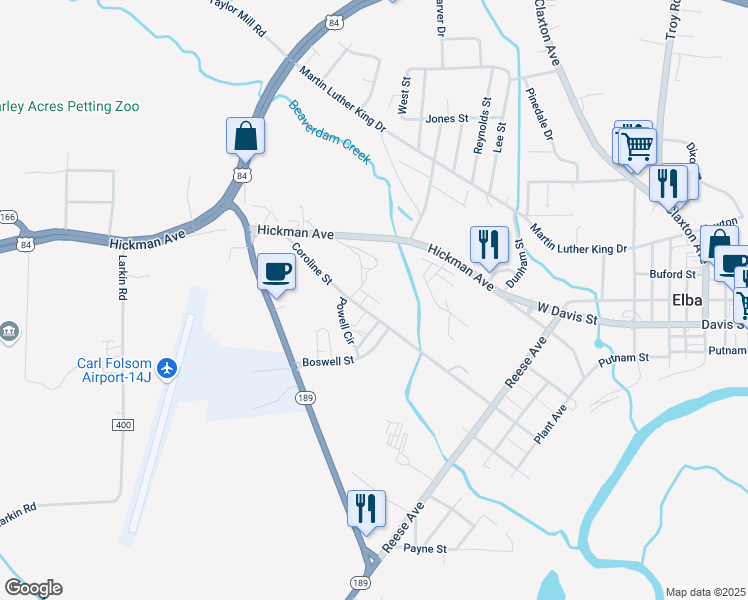 map of restaurants, bars, coffee shops, grocery stores, and more near 1584 Caroline Street in Elba
