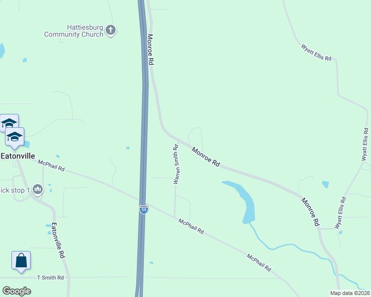 map of restaurants, bars, coffee shops, grocery stores, and more near 881 Monroe Road in Hattiesburg