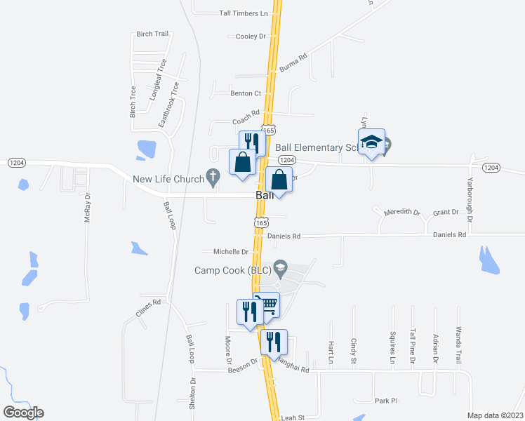 map of restaurants, bars, coffee shops, grocery stores, and more near 125 Monroe Highway in Ball