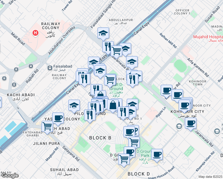 map of restaurants, bars, coffee shops, grocery stores, and more near Jogging Track in Faisalabad