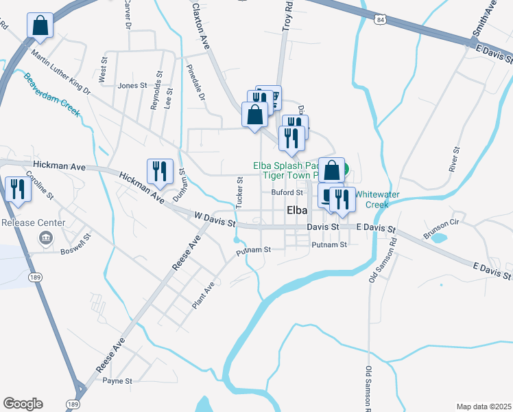 map of restaurants, bars, coffee shops, grocery stores, and more near 207 Adkinson Avenue in Elba