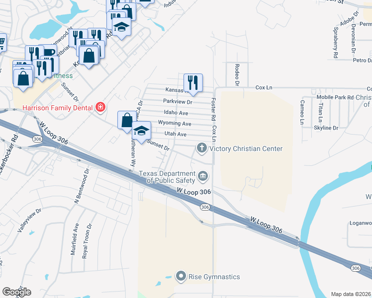 map of restaurants, bars, coffee shops, grocery stores, and more near 1624 Sunset Drive in San Angelo