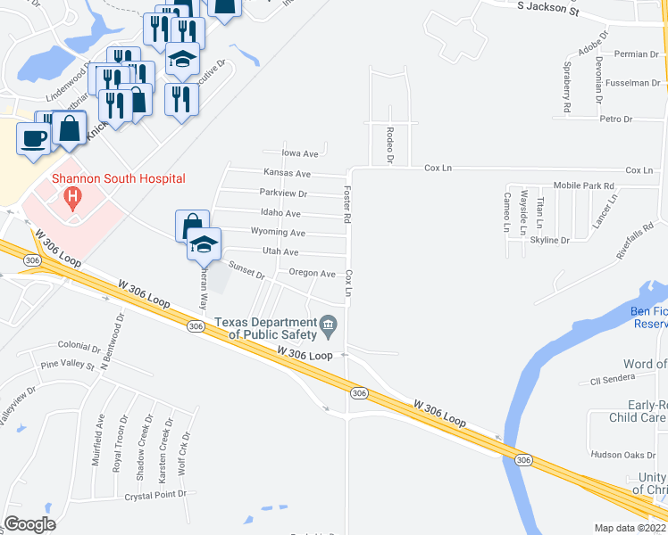 map of restaurants, bars, coffee shops, grocery stores, and more near 1612 Oregon Avenue in San Angelo