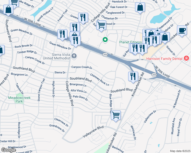 map of restaurants, bars, coffee shops, grocery stores, and more near 2814 Chimney Rock Lane in San Angelo