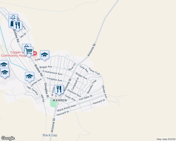 map of restaurants, bars, coffee shops, grocery stores, and more near 617 Cole Avenue in Bisbee
