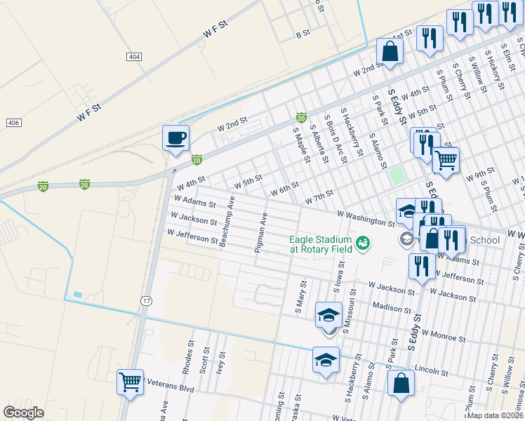 map of restaurants, bars, coffee shops, grocery stores, and more near 1801 West Adams Street in Pecos
