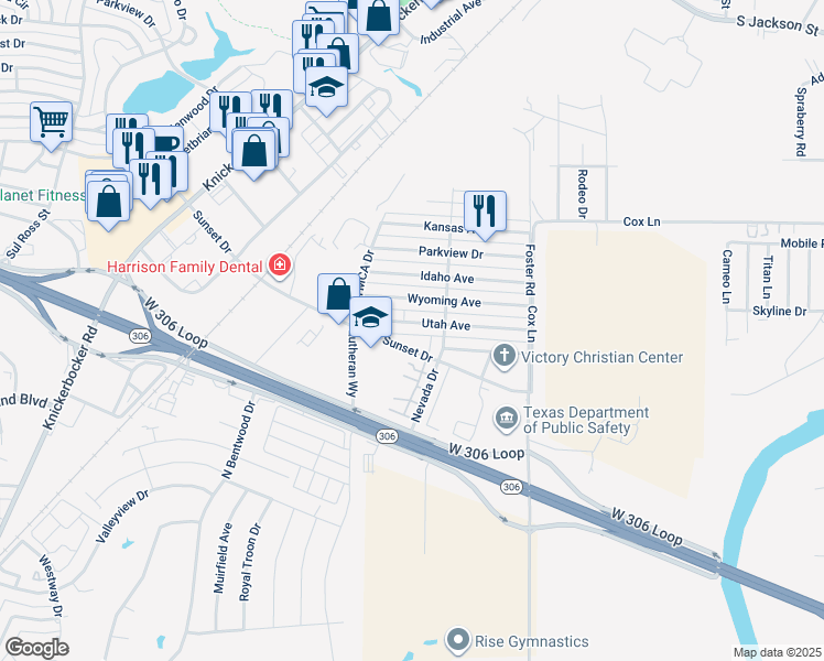 map of restaurants, bars, coffee shops, grocery stores, and more near 1740 Utah Avenue in San Angelo