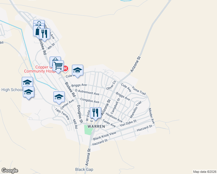 map of restaurants, bars, coffee shops, grocery stores, and more near 603 Oliver Circle in Bisbee