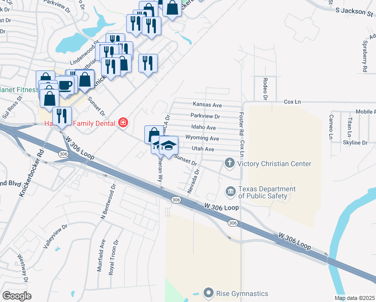 map of restaurants, bars, coffee shops, grocery stores, and more near 1721 Utah Avenue in San Angelo