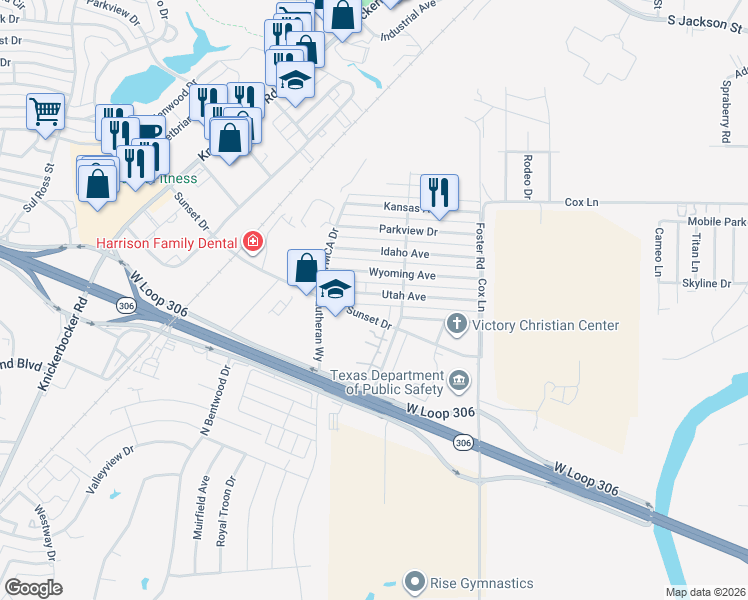 map of restaurants, bars, coffee shops, grocery stores, and more near 1740 Utah Avenue in San Angelo