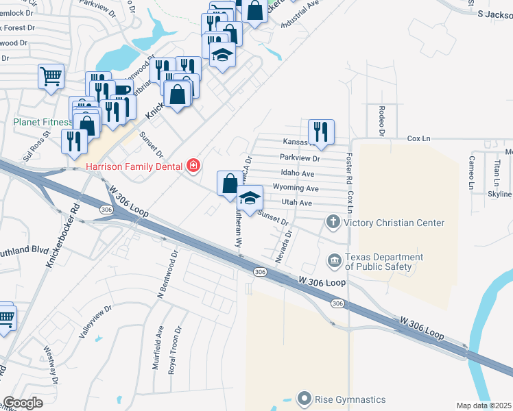 map of restaurants, bars, coffee shops, grocery stores, and more near 1747 Utah Avenue in San Angelo