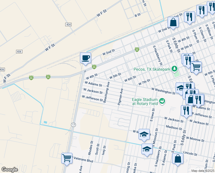 map of restaurants, bars, coffee shops, grocery stores, and more near 1900 West Adams Street in Pecos