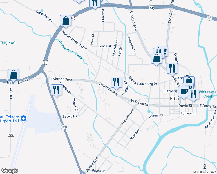 map of restaurants, bars, coffee shops, grocery stores, and more near 1468 Hickman Avenue in Elba