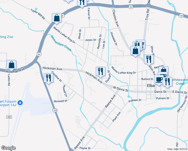 map of restaurants, bars, coffee shops, grocery stores, and more near 1468 Hickman Avenue in Elba