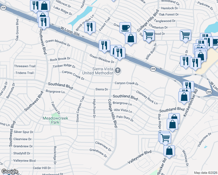 map of restaurants, bars, coffee shops, grocery stores, and more near 3002 Sierra Drive in San Angelo