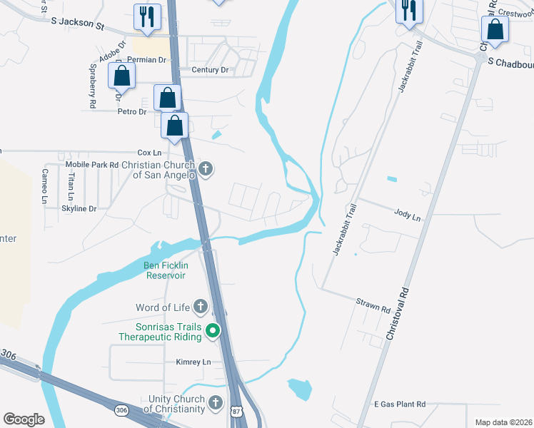 map of restaurants, bars, coffee shops, grocery stores, and more near 51 Riverbend Drive in San Angelo