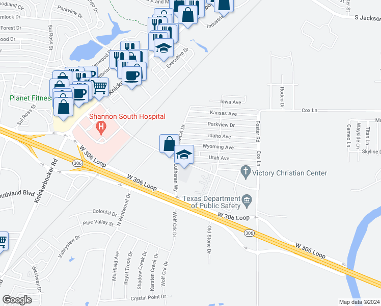 map of restaurants, bars, coffee shops, grocery stores, and more near 1762 Utah Avenue in San Angelo