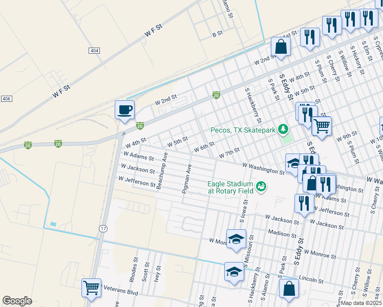 map of restaurants, bars, coffee shops, grocery stores, and more near 1798 West Washington Street in Pecos