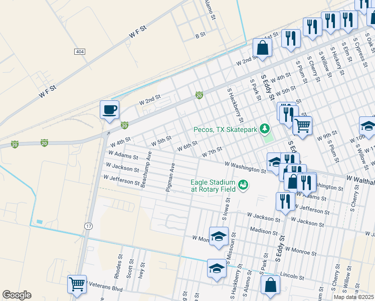 map of restaurants, bars, coffee shops, grocery stores, and more near 1708-1798 West Washington Street in Pecos