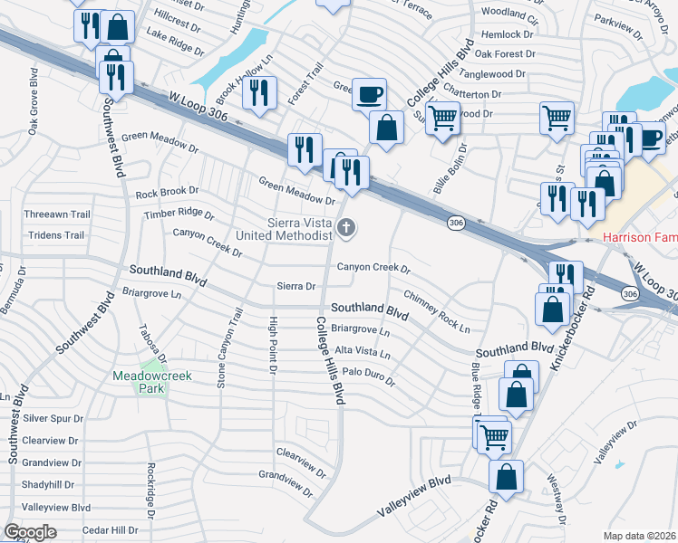 map of restaurants, bars, coffee shops, grocery stores, and more near 3002 Sierra Drive in San Angelo