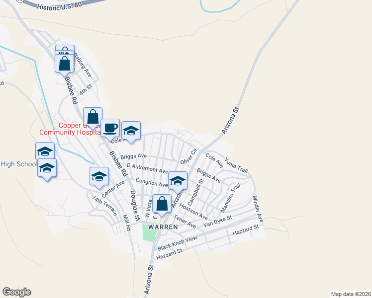 map of restaurants, bars, coffee shops, grocery stores, and more near 603 Oliver Circle in Bisbee