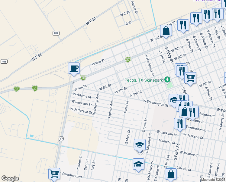 map of restaurants, bars, coffee shops, grocery stores, and more near 1700-1798 West 5th Street in Pecos