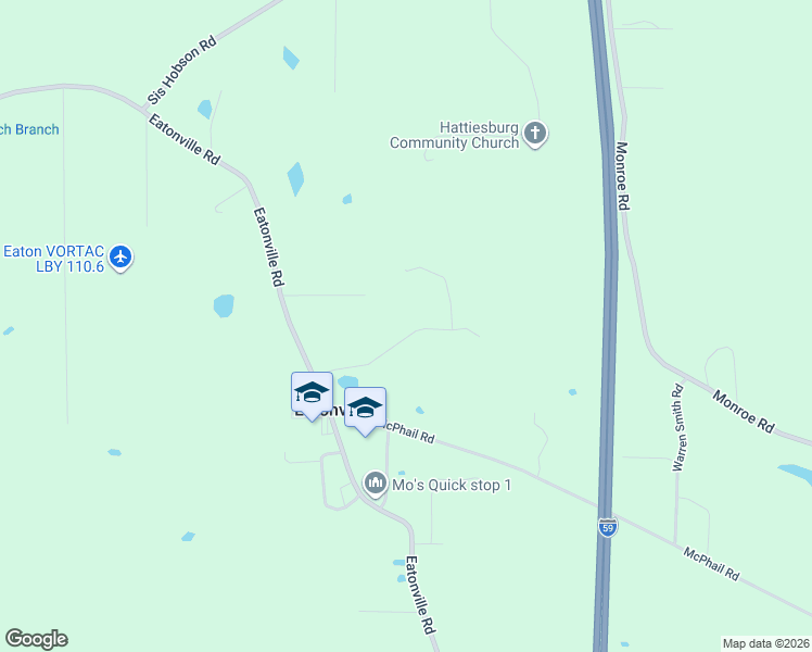 map of restaurants, bars, coffee shops, grocery stores, and more near 42 Asa Miley Road in Hattiesburg