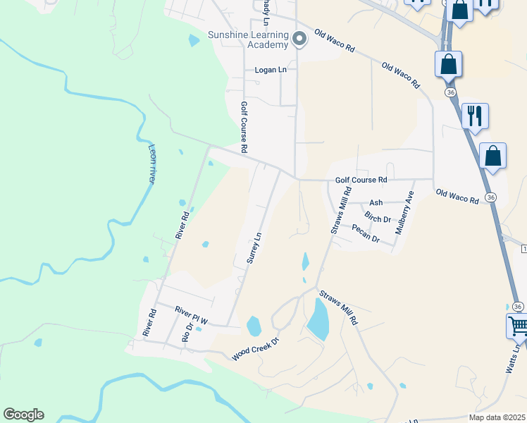 map of restaurants, bars, coffee shops, grocery stores, and more near 111 Surrey Lane in Gatesville