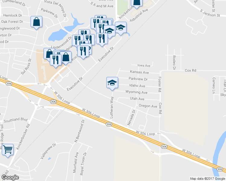 map of restaurants, bars, coffee shops, grocery stores, and more near YMCA Drive in San Angelo