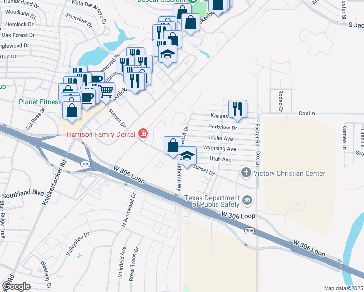 map of restaurants, bars, coffee shops, grocery stores, and more near YMCA Drive in San Angelo