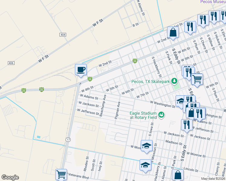 map of restaurants, bars, coffee shops, grocery stores, and more near 1700-1798 West 5th Street in Pecos