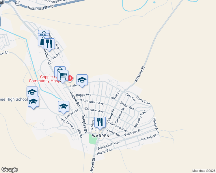 map of restaurants, bars, coffee shops, grocery stores, and more near 610 East Vista in Bisbee