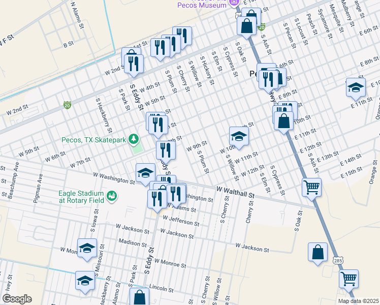 map of restaurants, bars, coffee shops, grocery stores, and more near 900-998 South Plum Street in Pecos