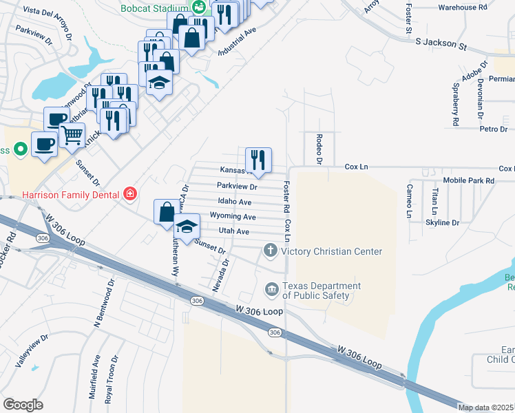 map of restaurants, bars, coffee shops, grocery stores, and more near 1633 Idaho Avenue in San Angelo