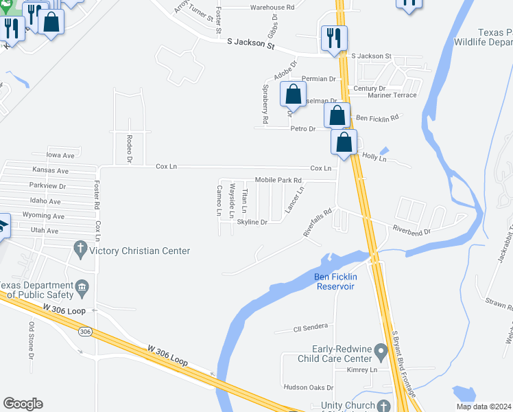map of restaurants, bars, coffee shops, grocery stores, and more near 150 Titan Lane in San Angelo