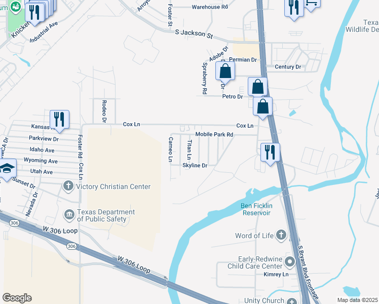 map of restaurants, bars, coffee shops, grocery stores, and more near 150 Titan Lane in San Angelo