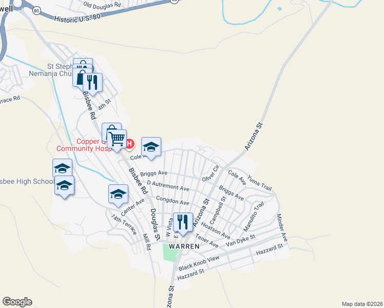 map of restaurants, bars, coffee shops, grocery stores, and more near 610 East Vista in Bisbee