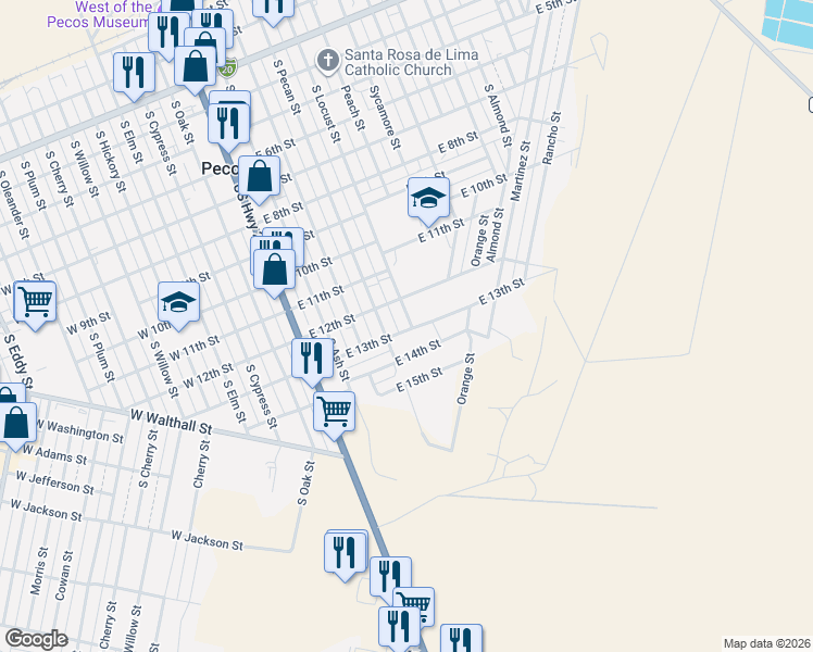 map of restaurants, bars, coffee shops, grocery stores, and more near 533 East 13th Street in Pecos