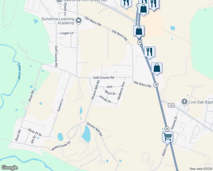 map of restaurants, bars, coffee shops, grocery stores, and more near 203 Ash Drive in Gatesville