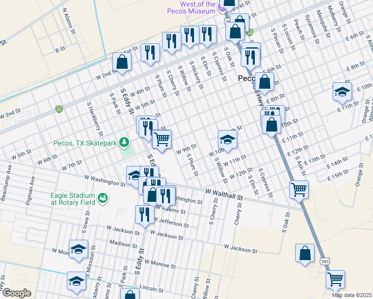 map of restaurants, bars, coffee shops, grocery stores, and more near 900 South Plum Street in Pecos