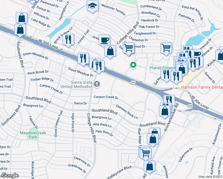 map of restaurants, bars, coffee shops, grocery stores, and more near 4421-4599 Fall Creek Drive in San Angelo