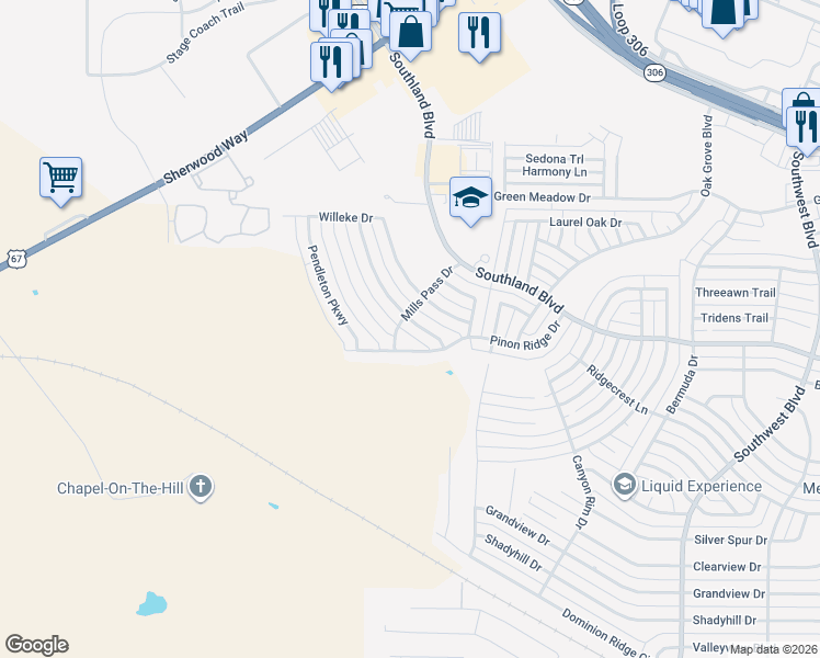 map of restaurants, bars, coffee shops, grocery stores, and more near 4205 Kensington Creek in San Angelo