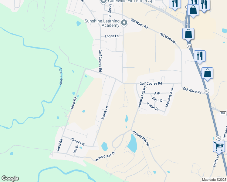 map of restaurants, bars, coffee shops, grocery stores, and more near 111 Surrey Lane in Gatesville