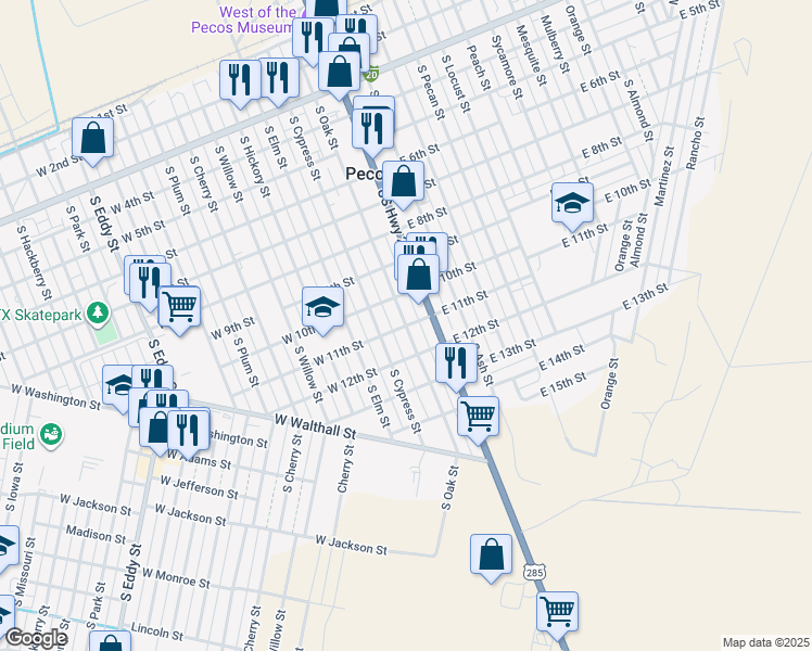 map of restaurants, bars, coffee shops, grocery stores, and more near 100 West 11th Street in Pecos